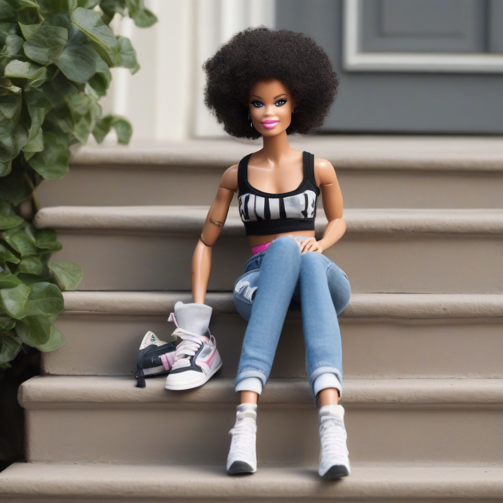 barbie with vitiligo short afro cut heterochromia eyes crop top cargo jeans sneakers sitting on steps by मुफ्त एआई छवि जनरेटर - बिना लॉगिन के✨ | AIGAZOU