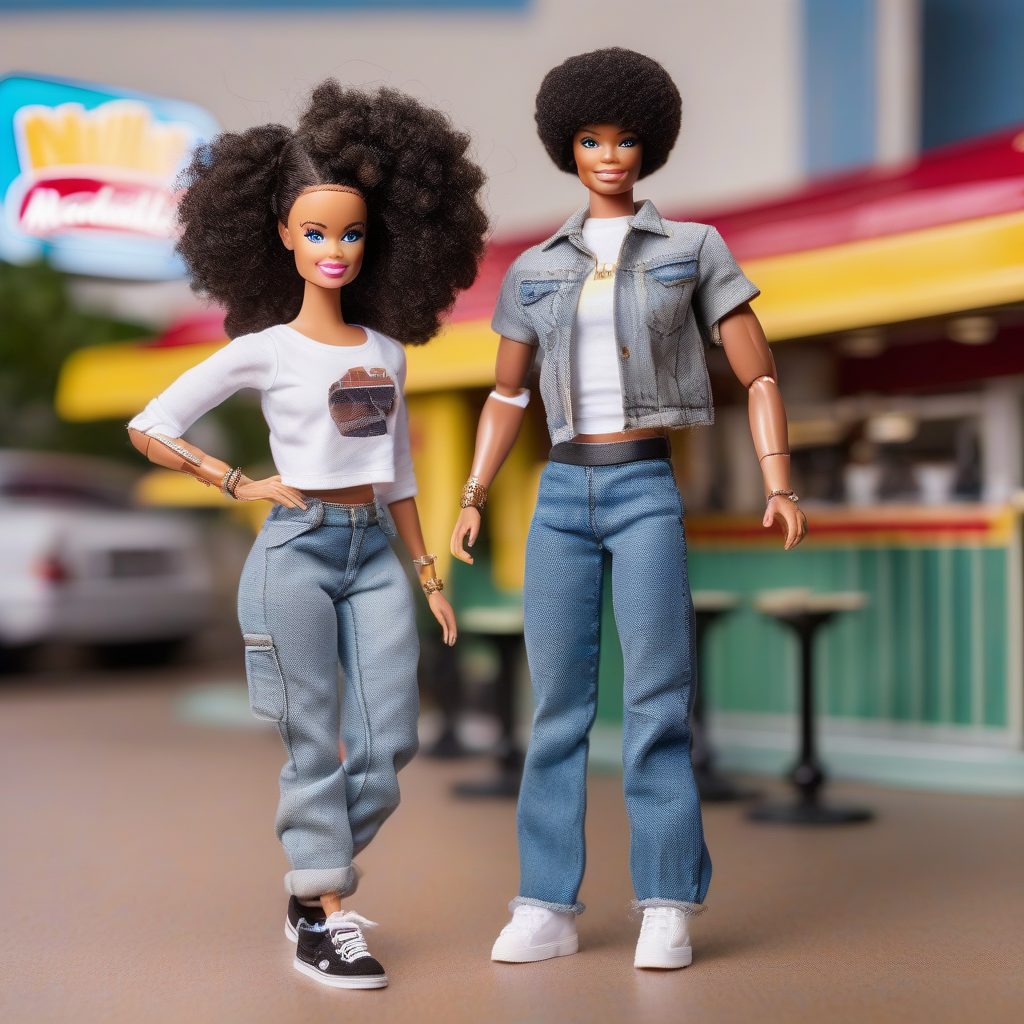 barbie vitiligo afro cut heterochromia eyes crop top cargo jeans sneakers beautiful mcdonalds worker by मुफ्त एआई छवि जनरेटर - बिना लॉगिन के✨ | AIGAZOU