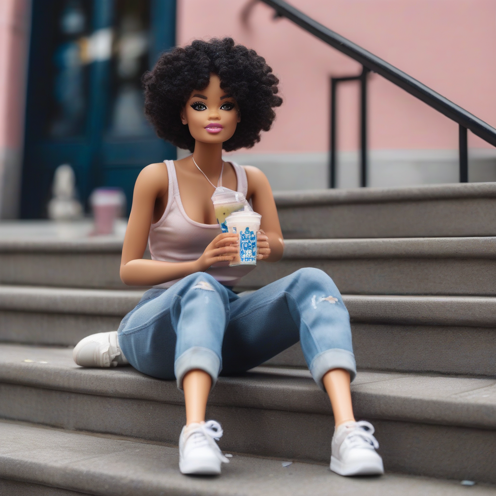 barbie vitiligo afro short crop top jean cargo baskets bubble tea by मुफ्त एआई छवि जनरेटर - बिना लॉगिन के✨ | AIGAZOU