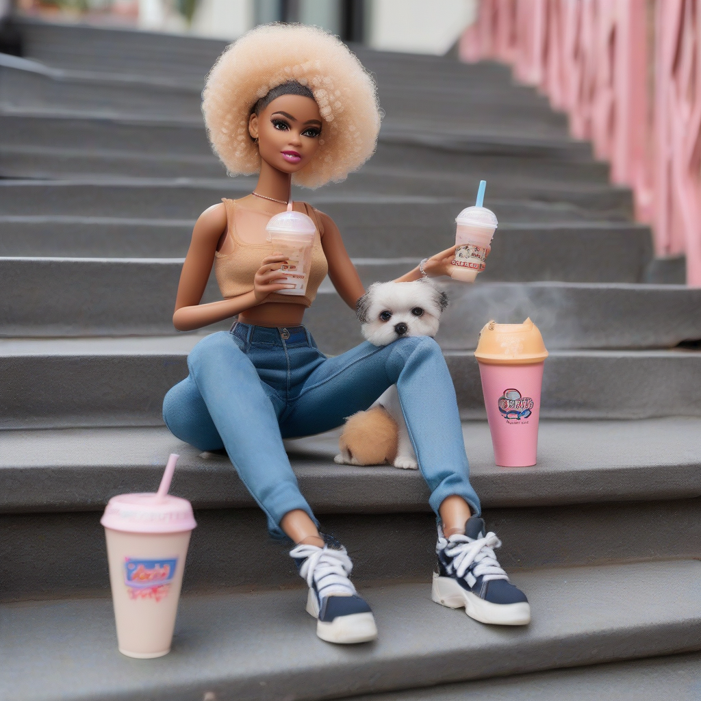 barbie vitiligo afro short crop top cargo jeans baskets bubble tea by मुफ्त एआई छवि जनरेटर - बिना लॉगिन के✨ | AIGAZOU