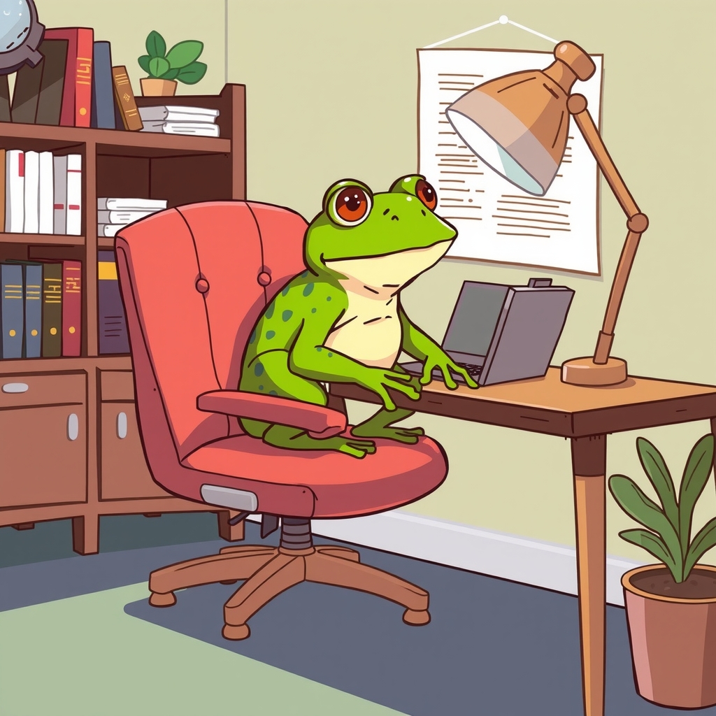 frog sitting on chair at desk by Générateur d'images par IA gratuit - Aucune connexion nécessaire✨ | AIGAZOU