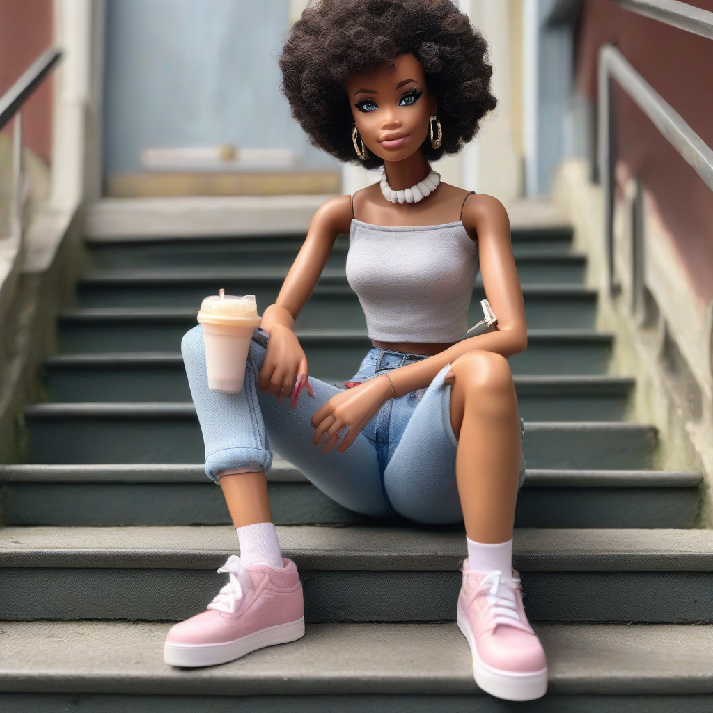 barbie vitiligo afro short crop top cargo jeans baskets bubble tea by मुफ्त एआई छवि जनरेटर - बिना लॉगिन के✨ | AIGAZOU