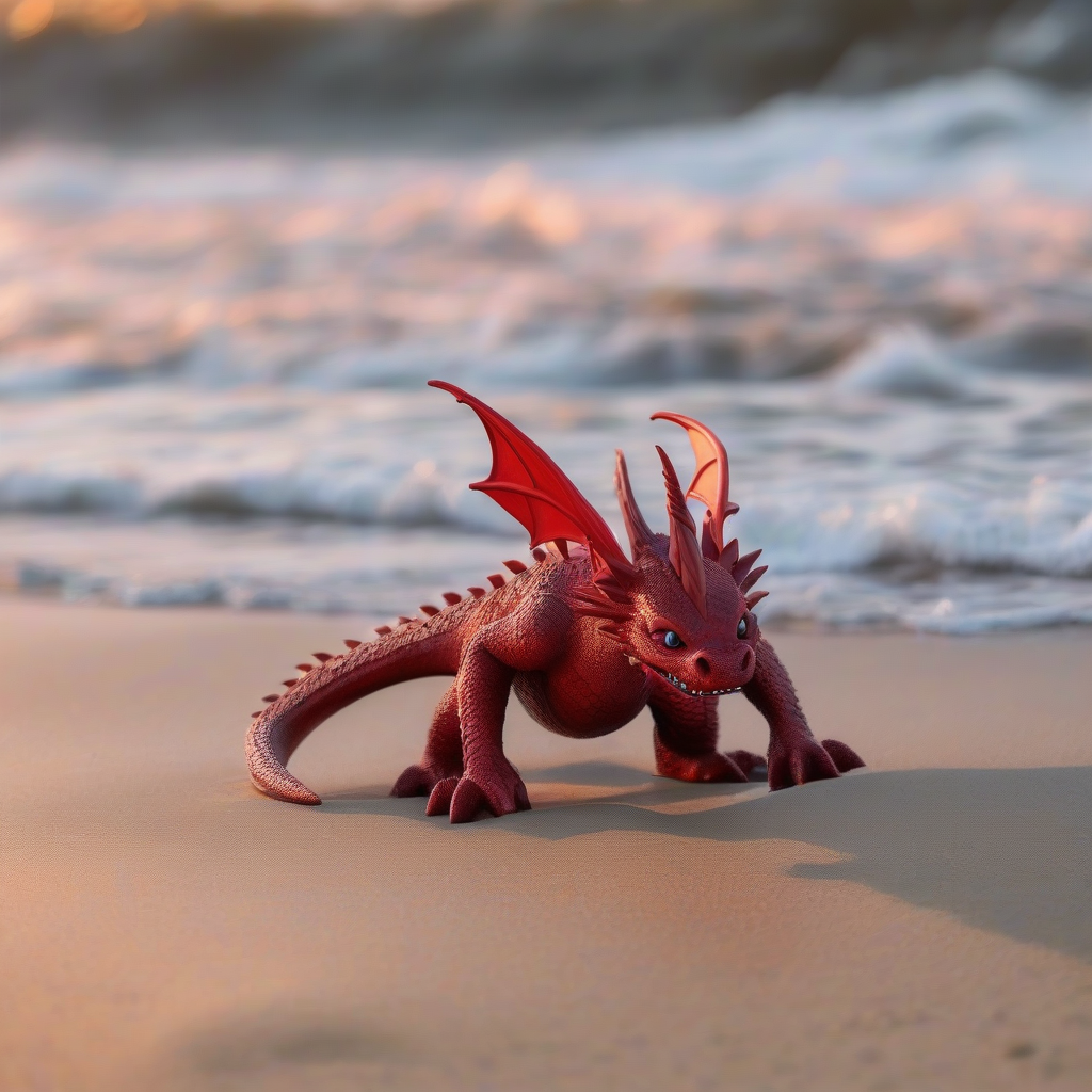 a young red friendly dragon plays at the beach by मुफ्त एआई छवि जनरेटर - बिना लॉगिन के✨ | AIGAZOU