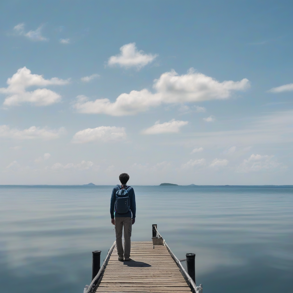 man with back view staring at horizon with islands by 免费AI图像生成工具 | AIGAZOU