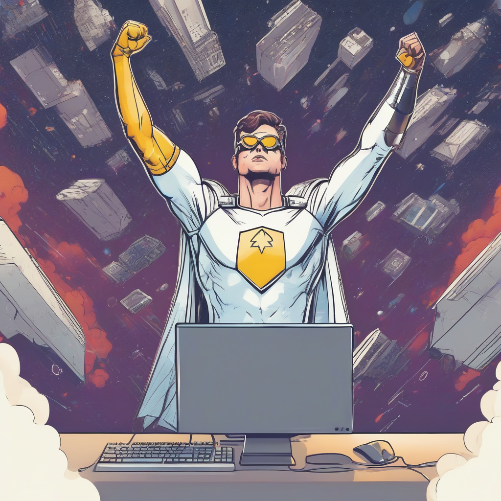 an ai programmer looks like a superhero and holds his keyboard triumphantly towards the sky by मुफ्त एआई छवि जनरेटर - बिना लॉगिन के✨ | AIGAZOU