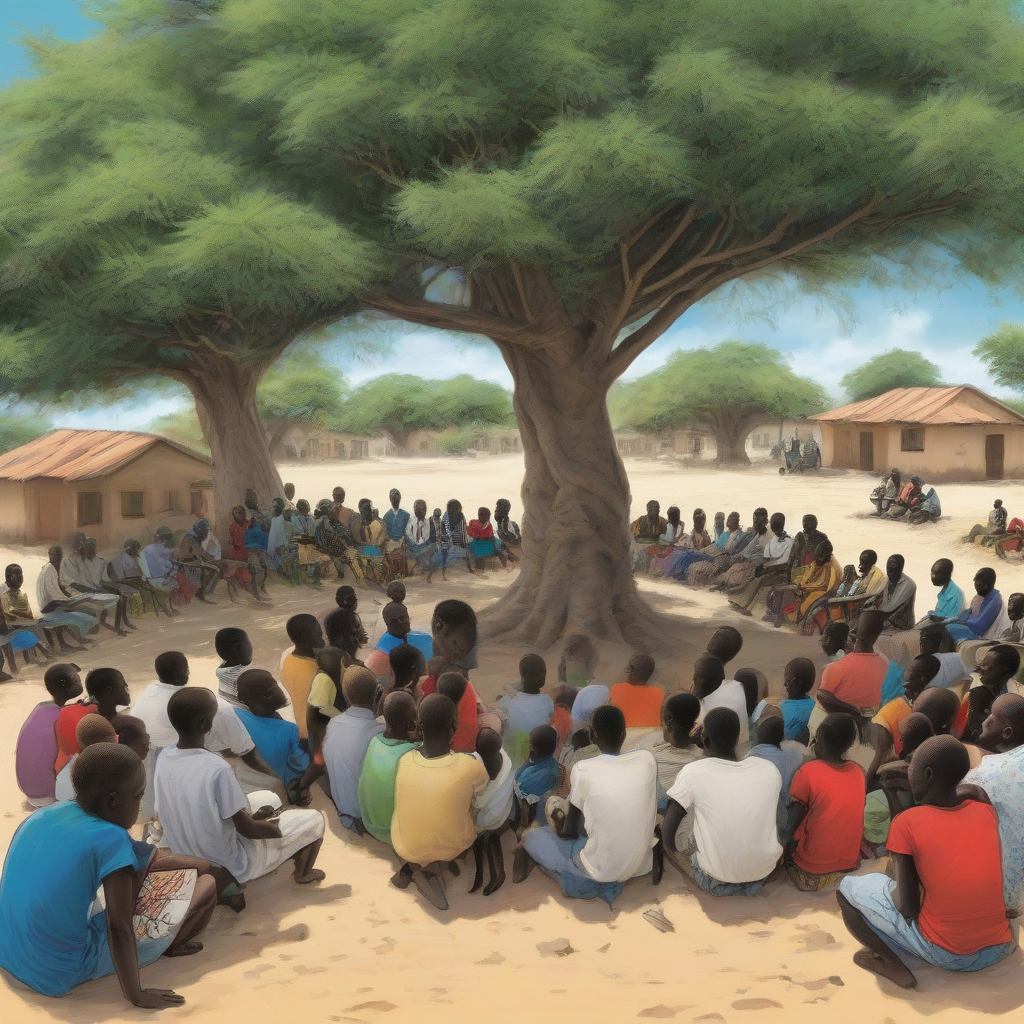 neighborhood meeting under trees in africa by मुफ्त एआई छवि जनरेटर - बिना लॉगिन के✨ | AIGAZOU