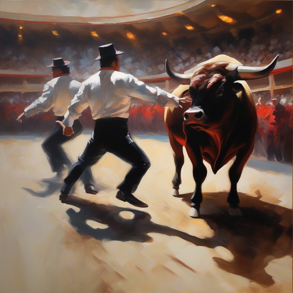 oil painting bullfight strong shadows and lights modern contemporary style by मुफ्त एआई छवि जनरेटर - बिना लॉगिन के✨ | AIGAZOU