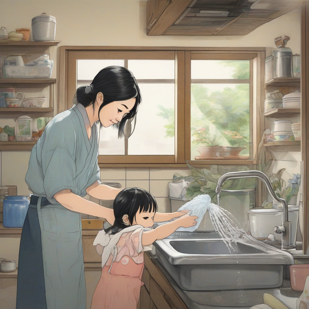 japanese woman in her 30s washing dishes at home with parents husband and two children by मुफ्त एआई छवि जनरेटर - बिना लॉगिन के✨ | AIGAZOU