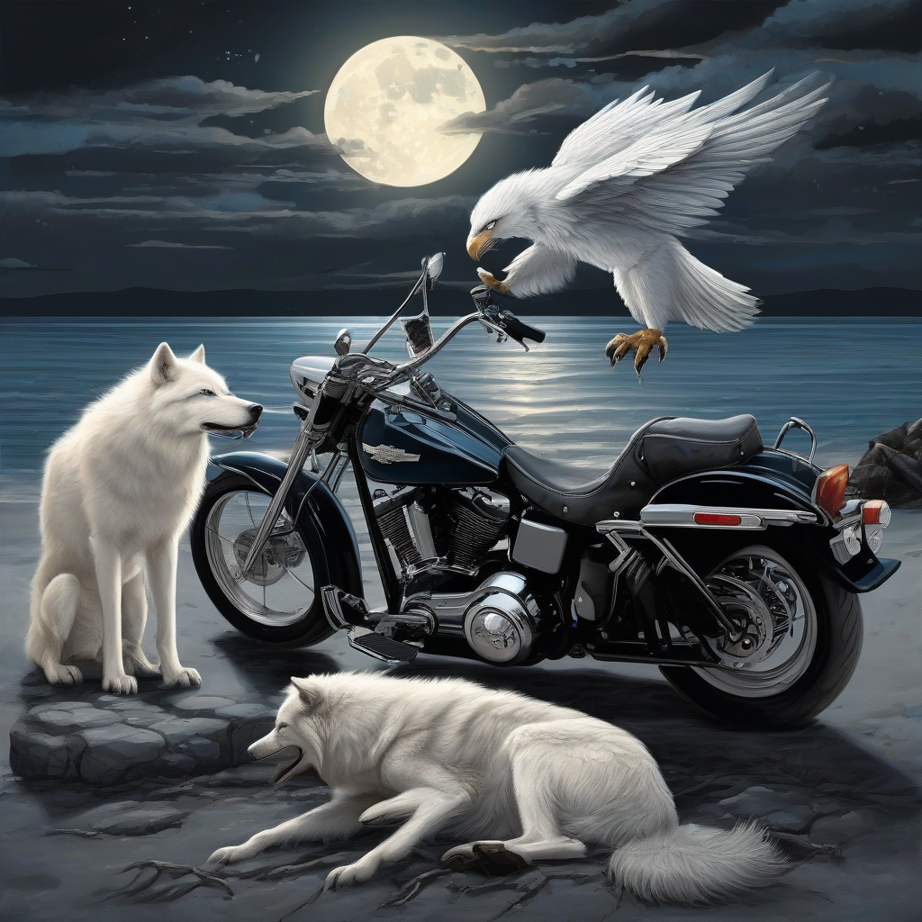 parked harley davidson wild white wolf eagle moonlight sea by मुफ्त एआई छवि जनरेटर - बिना लॉगिन के✨ | AIGAZOU