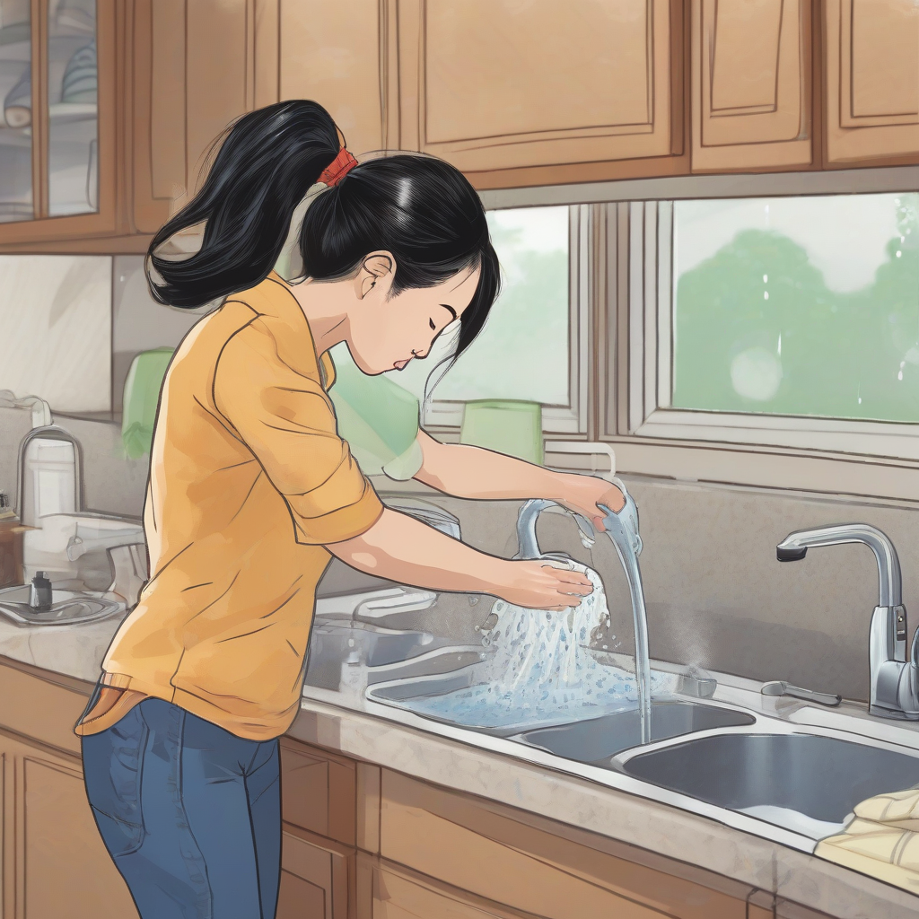 asian woman in her 30s washing dishes with family by मुफ्त एआई छवि जनरेटर - बिना लॉगिन के✨ | AIGAZOU