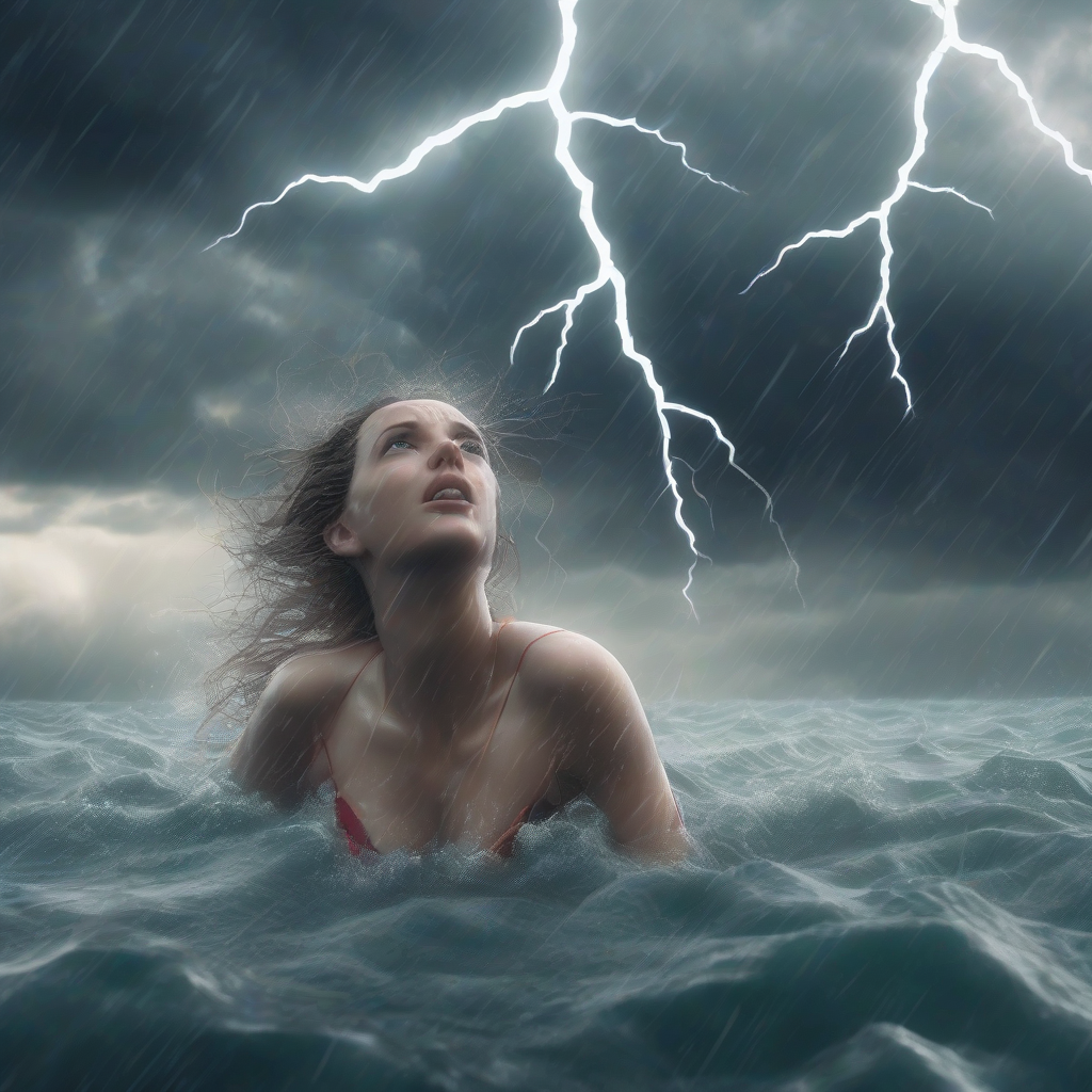 a woman swims in the sea threatened by storm and lightning by Générateur d'images par IA gratuit - Aucune connexion nécessaire✨ | AIGAZOU