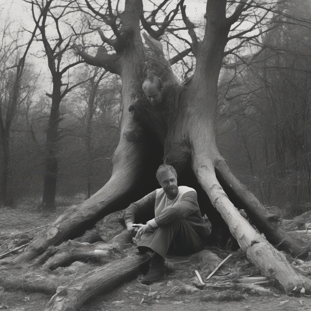 a dark place with a cut tree and a man sitting by मुफ्त एआई छवि जनरेटर - बिना लॉगिन के✨ | AIGAZOU