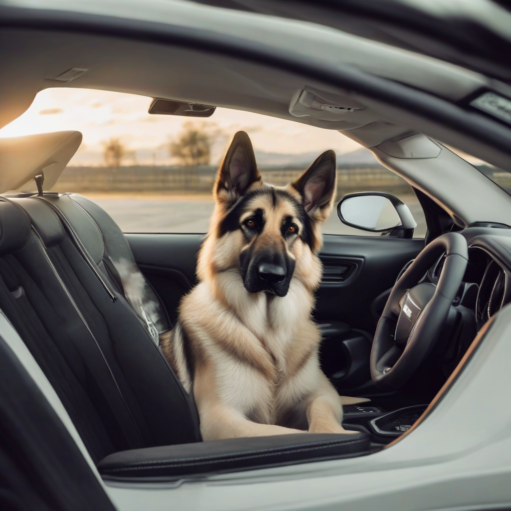 dodge challenger white with shepherd on passenger seat by मुफ्त एआई छवि जनरेटर - बिना लॉगिन के✨ | AIGAZOU