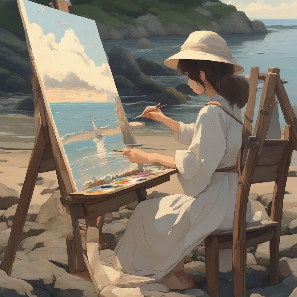 beautiful girl painting by the sea miyazaki style by मुफ्त एआई छवि जनरेटर - बिना लॉगिन के✨ | AIGAZOU