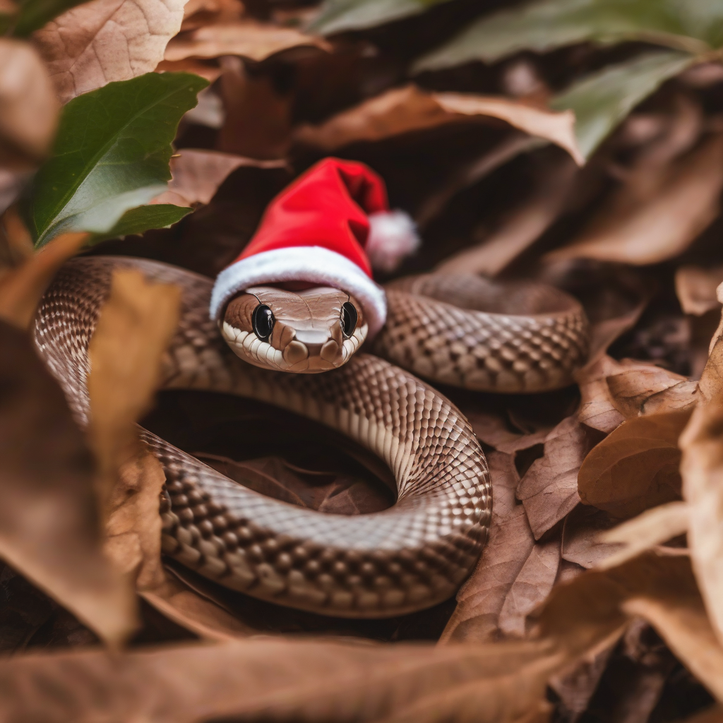 spotted brown snake in leaves with santa hat by मुफ्त एआई छवि जनरेटर - बिना लॉगिन के✨ | AIGAZOU