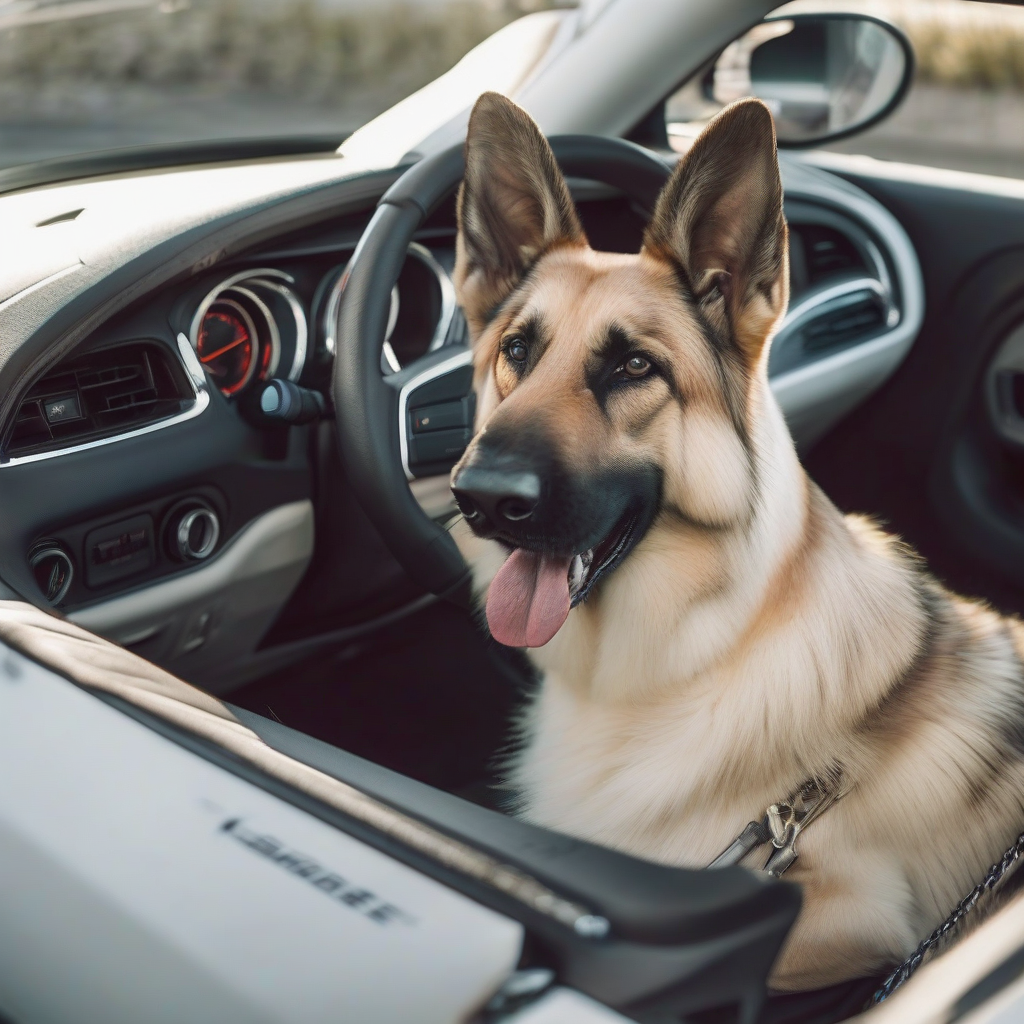 dodge challenger white with shepherd on passenger seat by मुफ्त एआई छवि जनरेटर - बिना लॉगिन के✨ | AIGAZOU