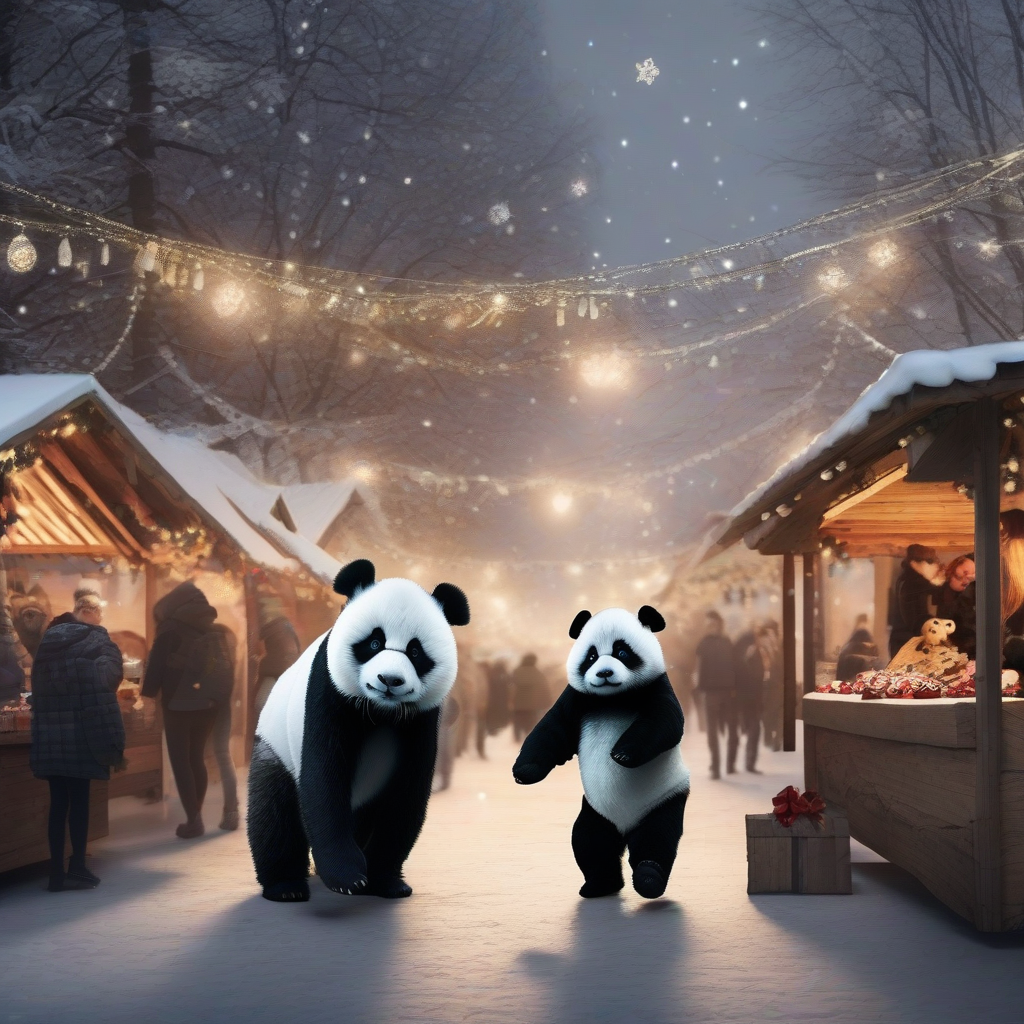 panda with panda baby at christmas market by मुफ्त एआई छवि जनरेटर - बिना लॉगिन के✨ | AIGAZOU