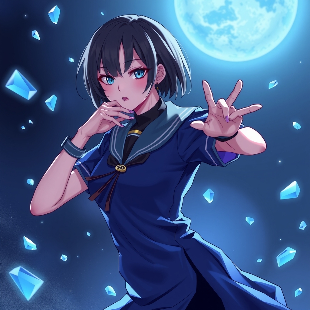 mysterious organization agent qipao battle suit night blue sapphire cold light sailor uniform bow tie hidden communicator bubble design sleeve by मुफ्त एआई छवि जनरेटर - बिना लॉगिन के✨ | AIGAZOU