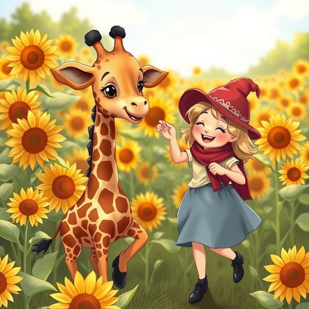 young giraffe no hat and beautiful female dwarf with blonde hair under red hat dance happily in sunflower field by मुफ्त एआई छवि जनरेटर - बिना लॉगिन के✨ | AIGAZOU