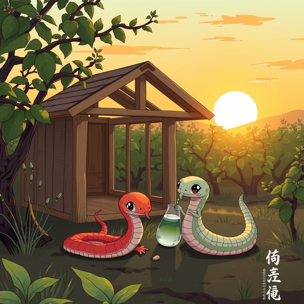 a small unfinished barn in a corner of a fruit orchard where two small snakes are drinking sake by मुफ्त एआई छवि जनरेटर - बिना लॉगिन के✨ | AIGAZOU