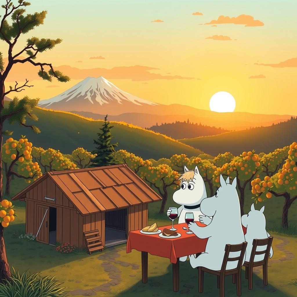 a family eats snacks and drinks wine in front of a small barn under the rising sun near mt fuji by मुफ्त एआई छवि जनरेटर - बिना लॉगिन के✨ | AIGAZOU