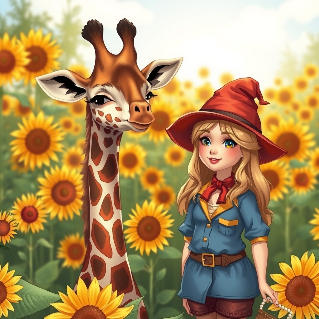 young giraffe no hat and beautiful female dwarf with blonde hair under red hat in sunflower field by मुफ्त एआई छवि जनरेटर - बिना लॉगिन के✨ | AIGAZOU