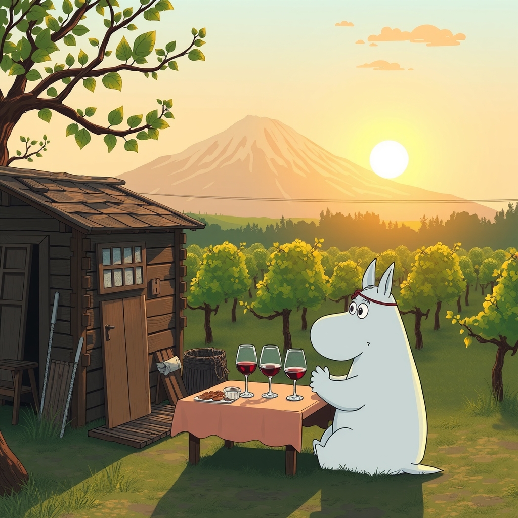 a small white moomin sits at a table in front of a half built shed in an orchard with a by मुफ्त एआई छवि जनरेटर - बिना लॉगिन के✨ | AIGAZOU