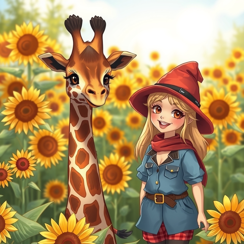 young giraffe without hat and beautiful female slightly stout dwarf with blonde hair under red hat happy in sunflower field by मुफ्त एआई छवि जनरेटर - बिना लॉगिन के✨ | AIGAZOU