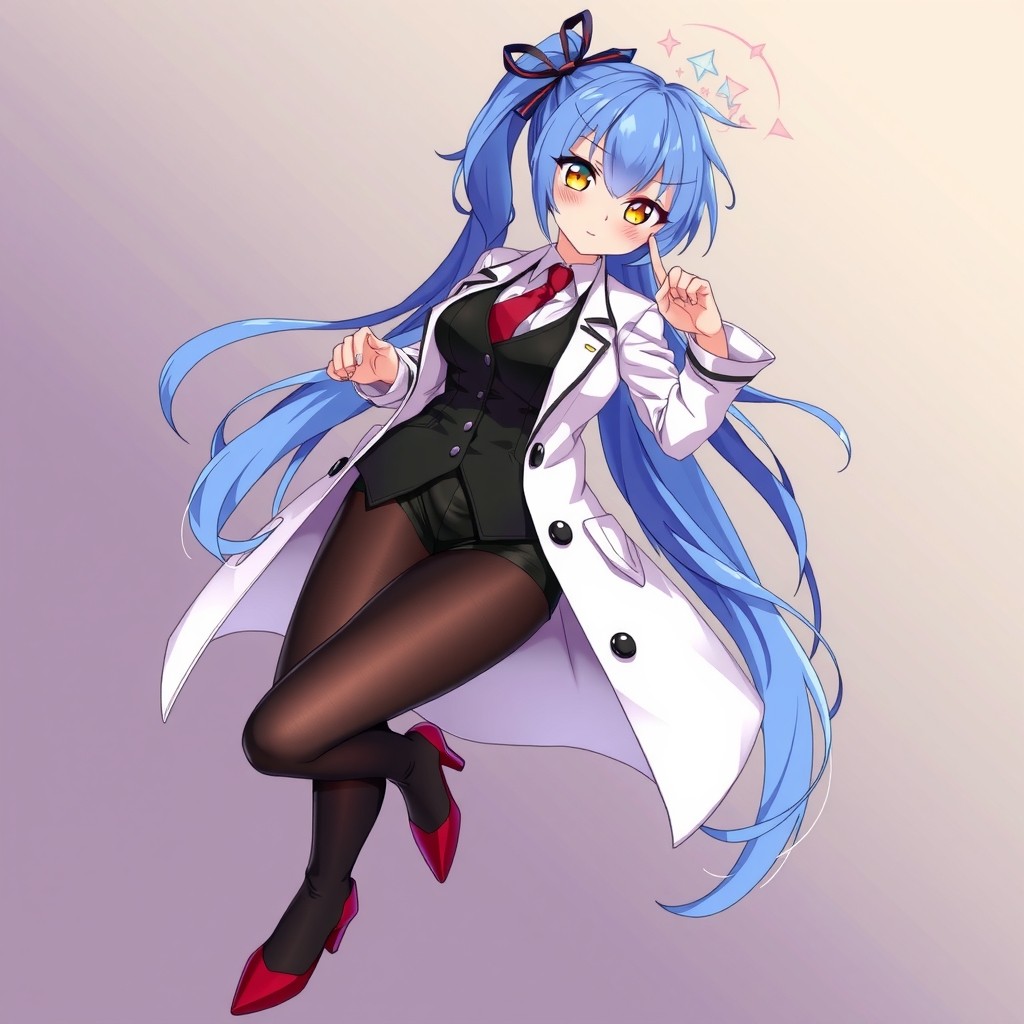 anime style large breasts blue hair long hair black stockings ponytail white coat over black suit yellow eyes full body by मुफ्त एआई छवि जनरेटर - बिना लॉगिन के✨ | AIGAZOU