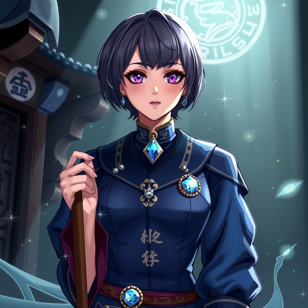 a magical academy deep within a scholarly mage wears a deep blue cheongsam sailor suit with silver runes like stars by मुफ्त एआई छवि जनरेटर - बिना लॉगिन के✨ | AIGAZOU