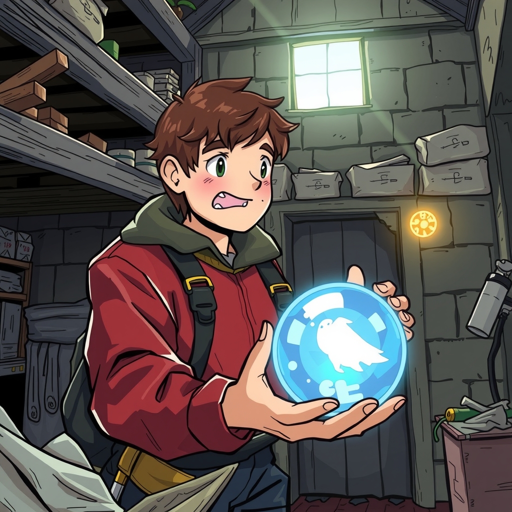 aiden cleaning old warehouse holding crystal ball by मुफ्त एआई छवि जनरेटर - बिना लॉगिन के✨ | AIGAZOU