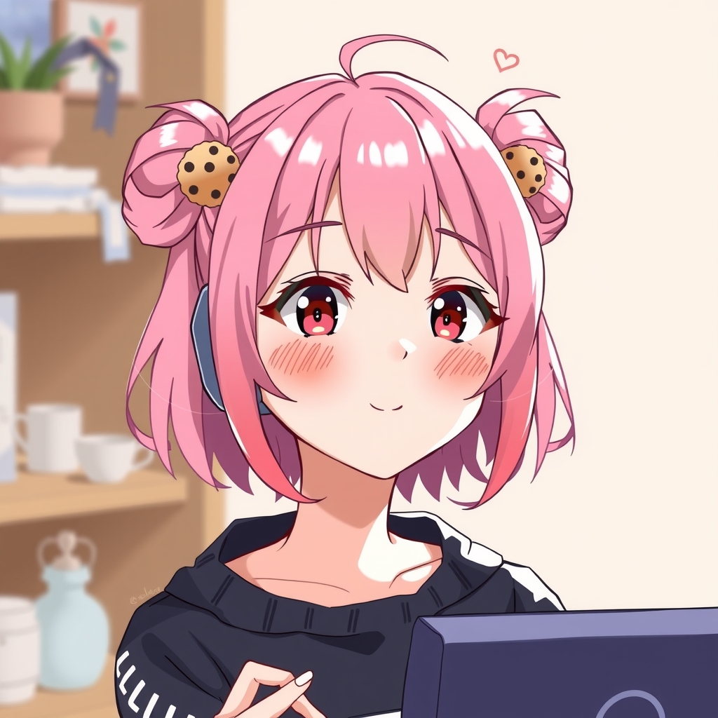 pink haired 18 year old girl in japan with short hair and cookie hair tie loves cookies and game streaming by मुफ्त एआई छवि जनरेटर - बिना लॉगिन के✨ | AIGAZOU