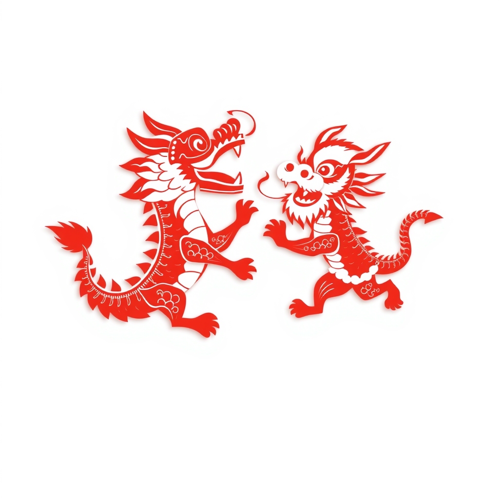 right lion dance left dragon dance simple natural smooth paper cut style flat design logo design white background red color by मुफ्त एआई छवि जनरेटर - बिना लॉगिन के✨ | AIGAZOU