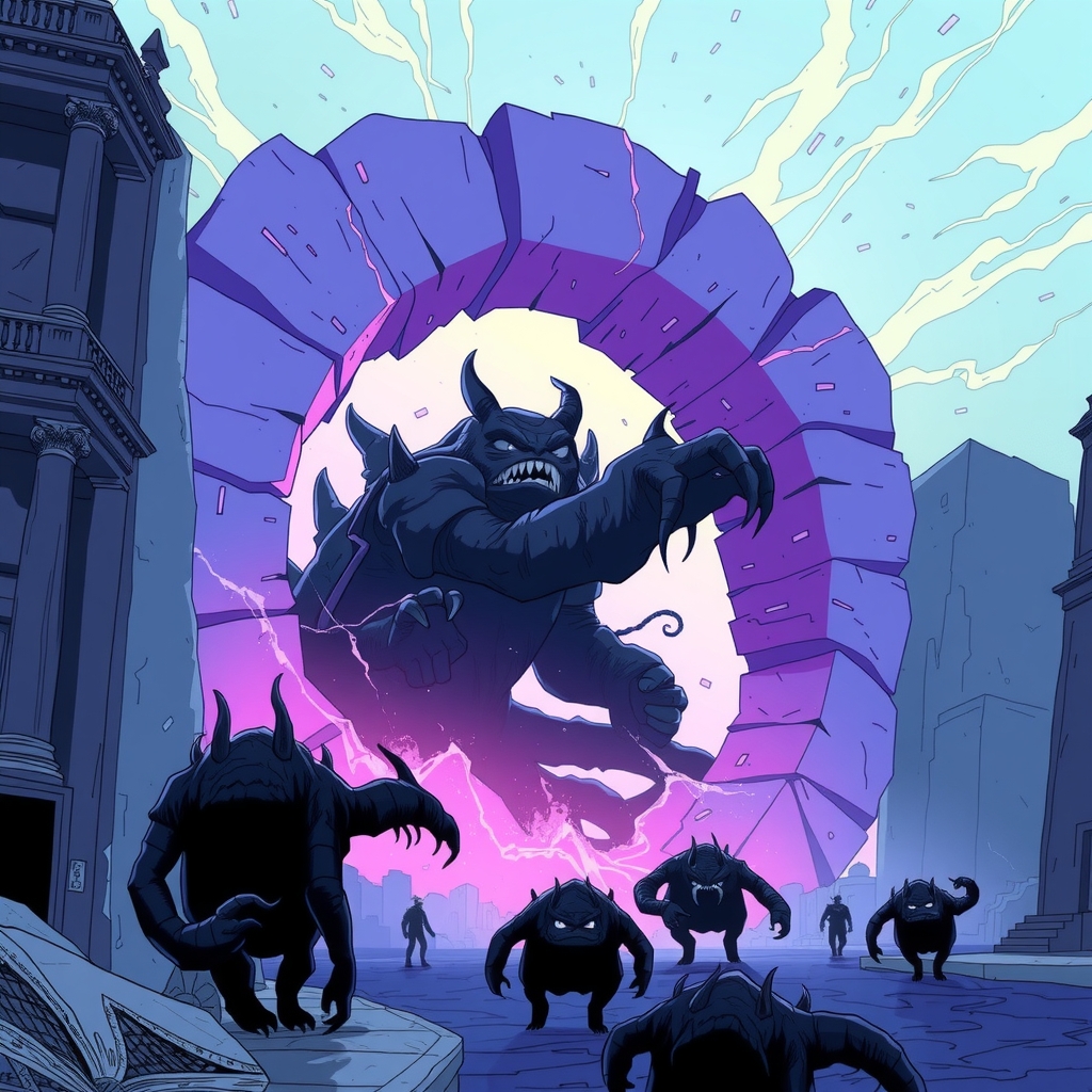 large blue and purple portal opens in the city with giant black creatures emerging by मुफ्त एआई छवि जनरेटर - बिना लॉगिन के✨ | AIGAZOU