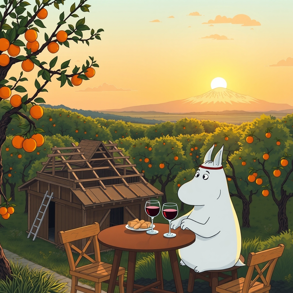 a small moomin eating snacks and drinking wine under a rising sun near mt fuji by मुफ्त एआई छवि जनरेटर - बिना लॉगिन के✨ | AIGAZOU