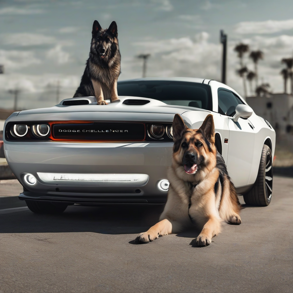 dodge challenger white with shepherd on passenger seat by Générateur d'images par IA gratuit - Aucune connexion nécessaire✨ | AIGAZOU