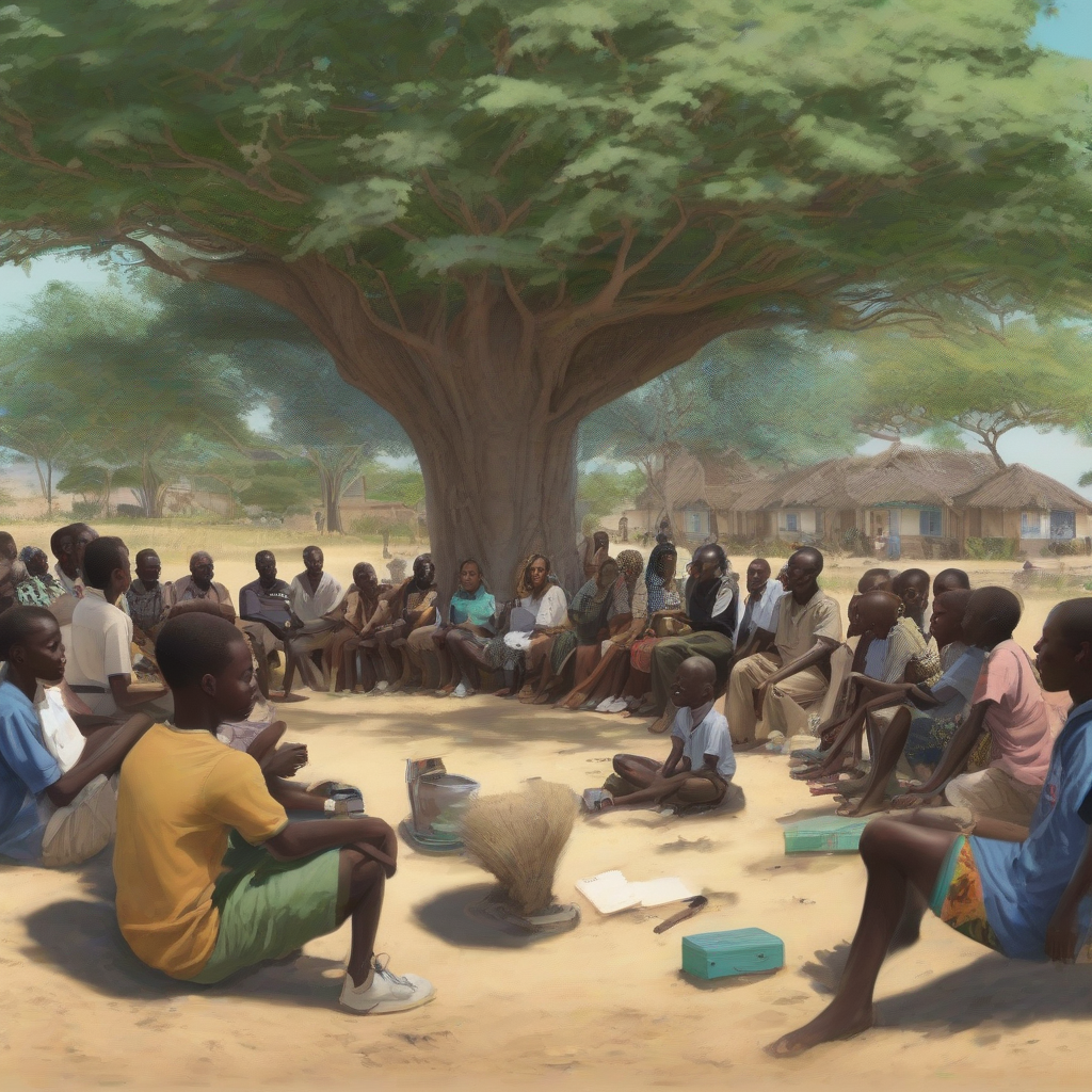 neighborhood meeting under trees in africa by मुफ्त एआई छवि जनरेटर - बिना लॉगिन के✨ | AIGAZOU