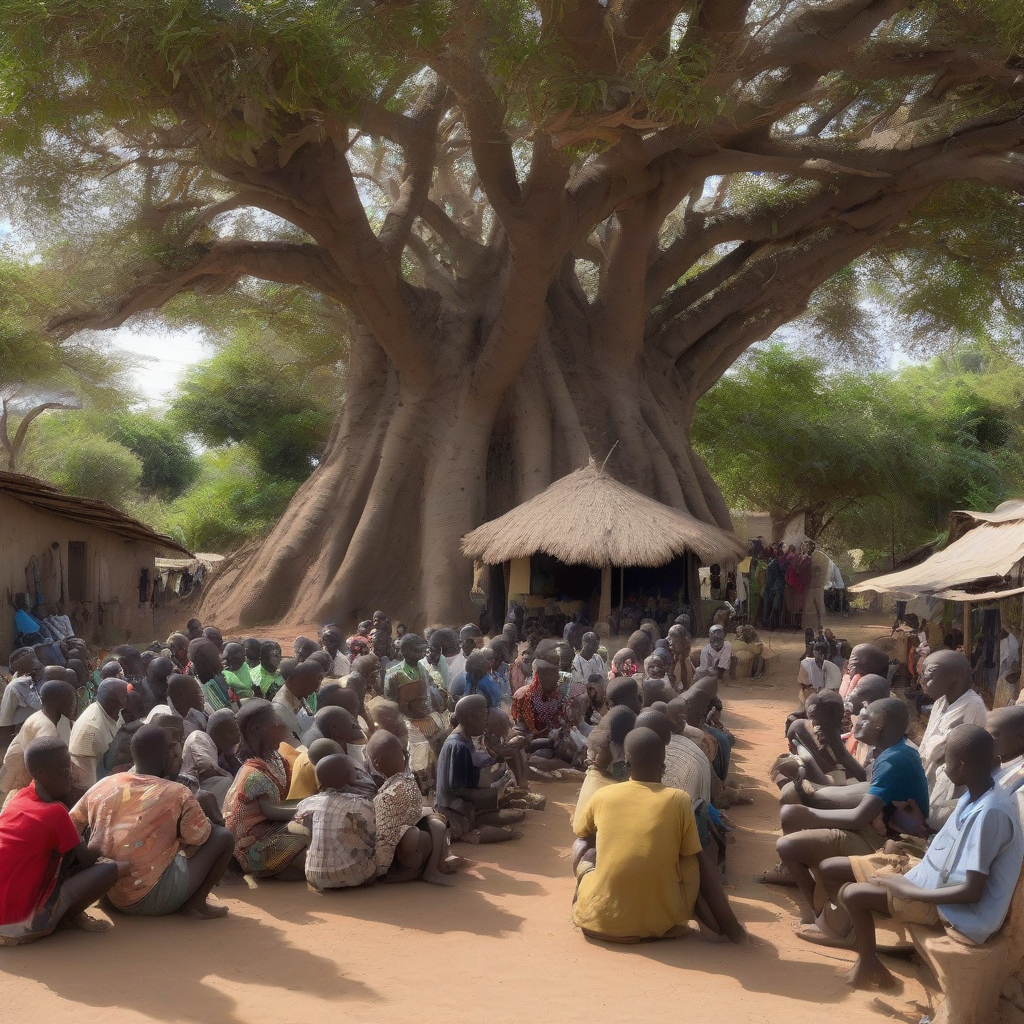 image of a neighborhood meeting under trees on islands with 30 people in africa by मुफ्त एआई छवि जनरेटर - बिना लॉगिन के✨ | AIGAZOU