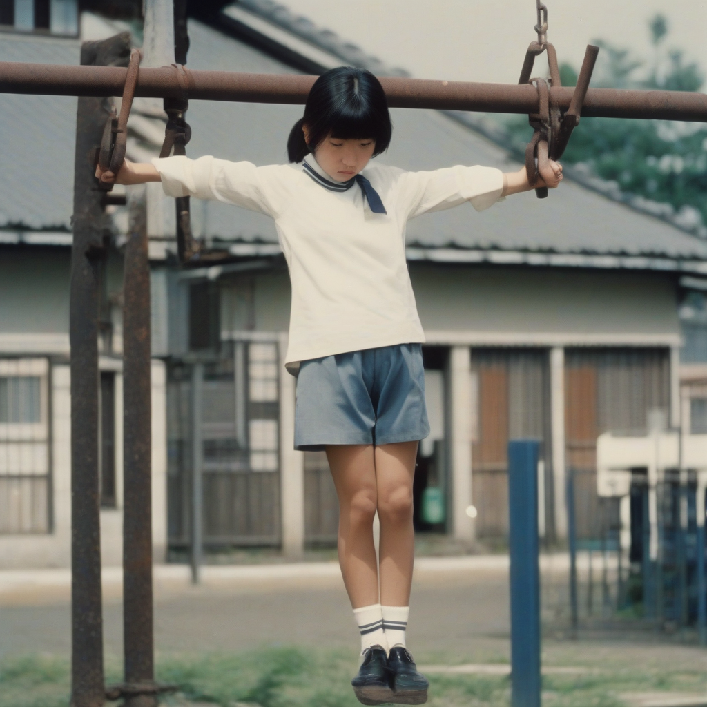 rusty iron bar in school yard japanese elementary school girl hanging by मुफ्त एआई छवि जनरेटर - बिना लॉगिन के✨ | AIGAZOU