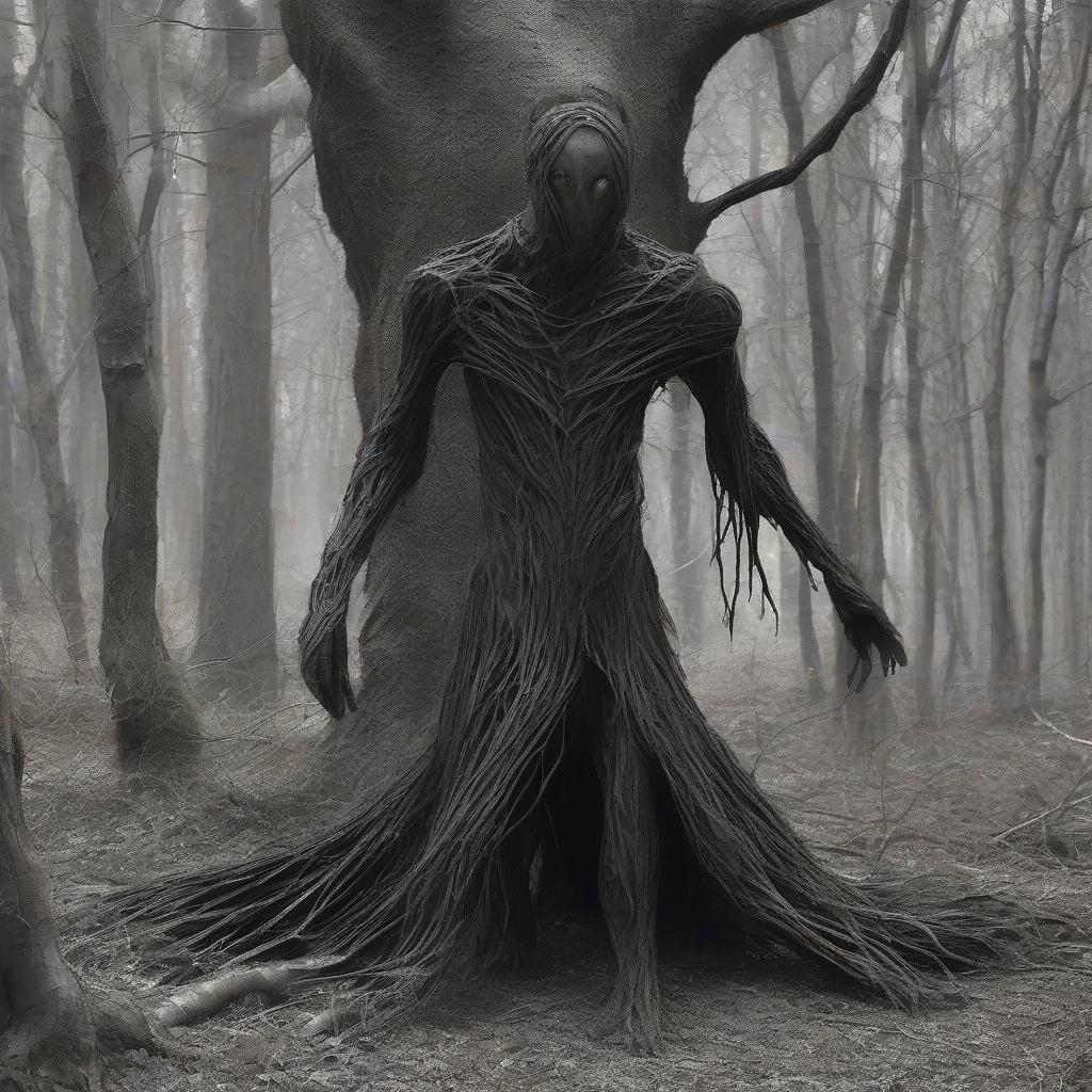 humanoid tree creature walks forest black torn garment by मुफ्त एआई छवि जनरेटर - बिना लॉगिन के✨ | AIGAZOU