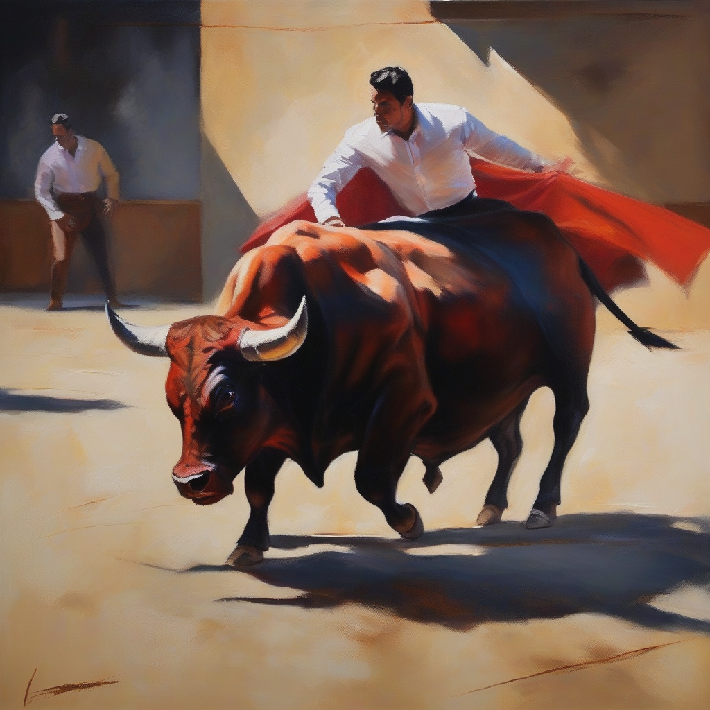 oil painting bullfight strong shadows modern contemporary style by मुफ्त एआई छवि जनरेटर - बिना लॉगिन के✨ | AIGAZOU