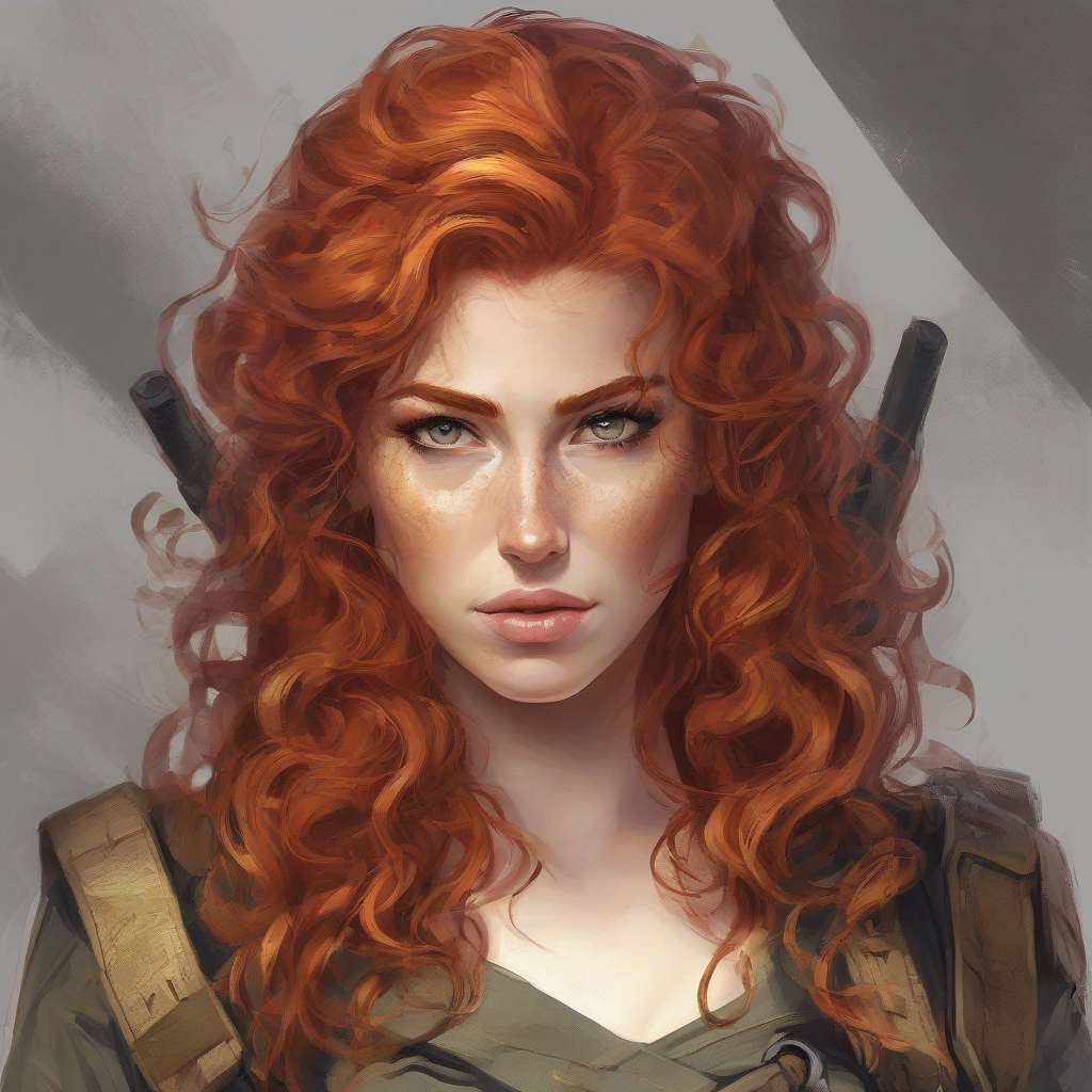 red long curly haired woman golden eyes mercenary army mercenary by मुफ्त एआई छवि जनरेटर - बिना लॉगिन के✨ | AIGAZOU