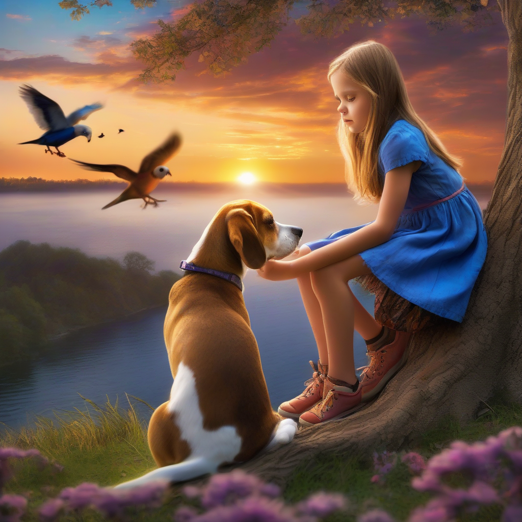 small beagle sitting on a log with an 11 year old girl by मुफ्त एआई छवि जनरेटर - बिना लॉगिन के✨ | AIGAZOU