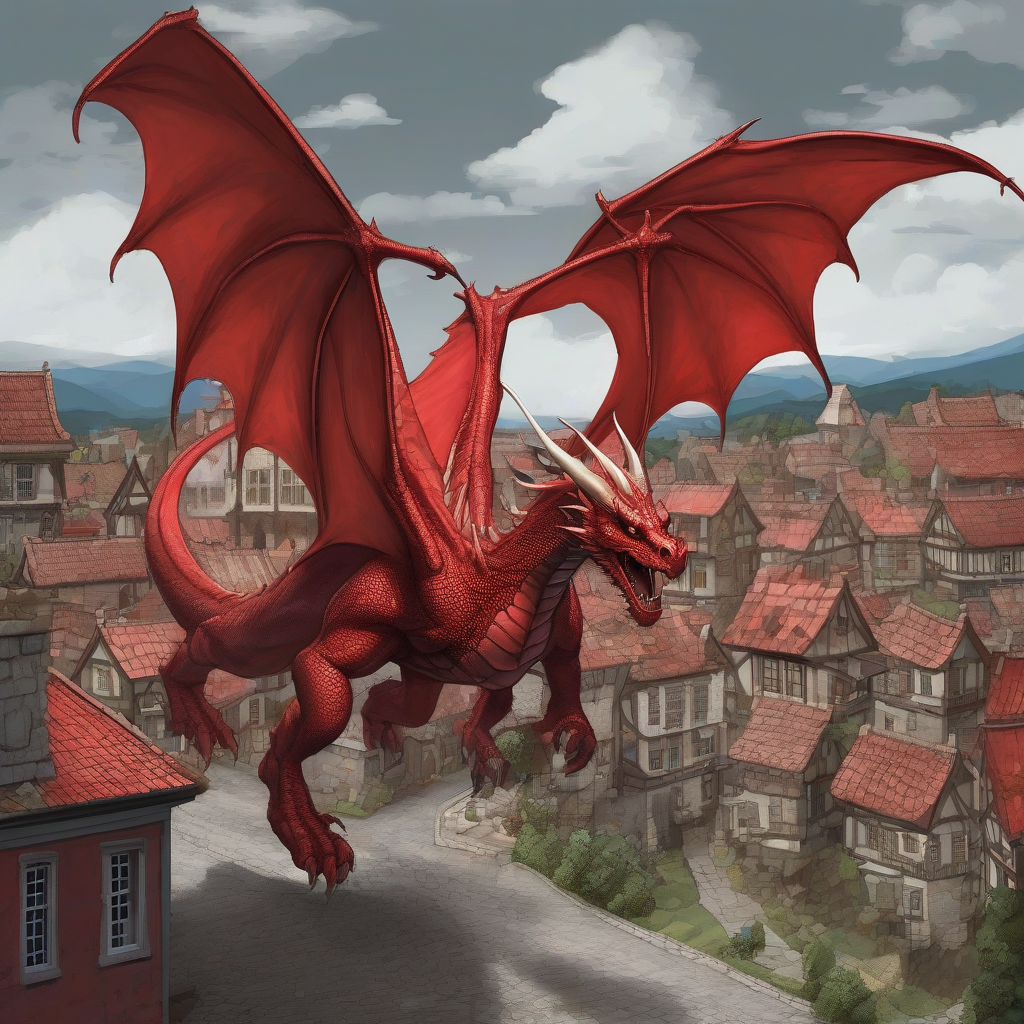 a red dragon attacks the town by मुफ्त एआई छवि जनरेटर - बिना लॉगिन के✨ | AIGAZOU