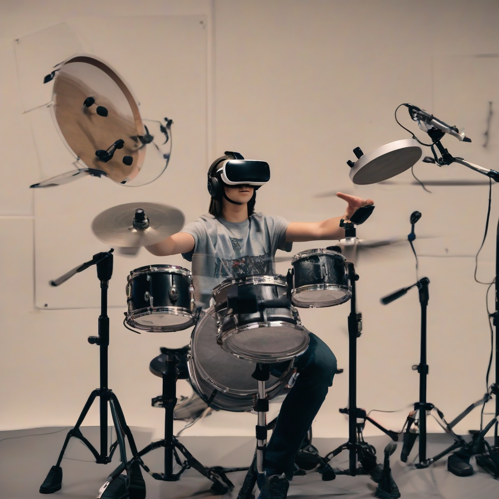 a student with vr headset plays virtual drums by मुफ्त एआई छवि जनरेटर - बिना लॉगिन के✨ | AIGAZOU