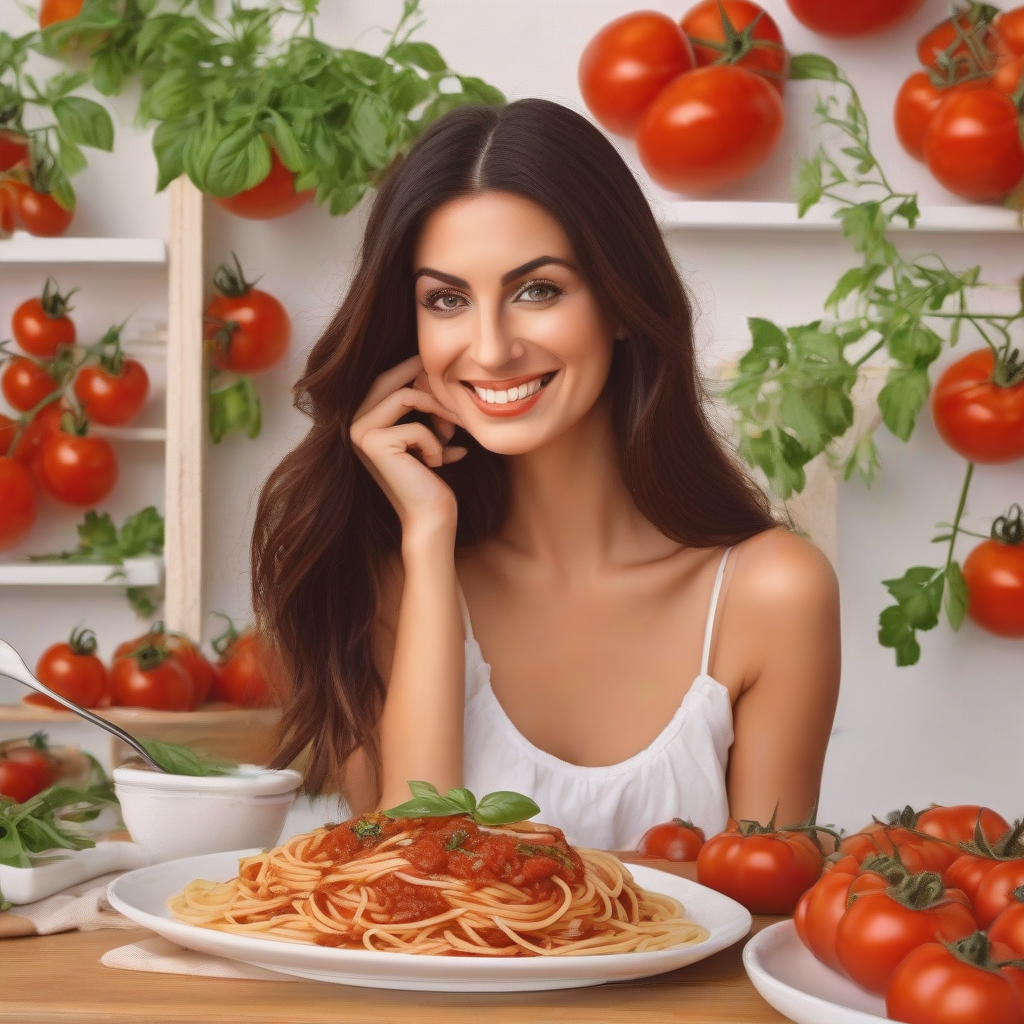 spaghetti in tomato sauce presented by a hot woman in summery italy by Générateur d'images par IA gratuit - Aucune connexion nécessaire✨ | AIGAZOU