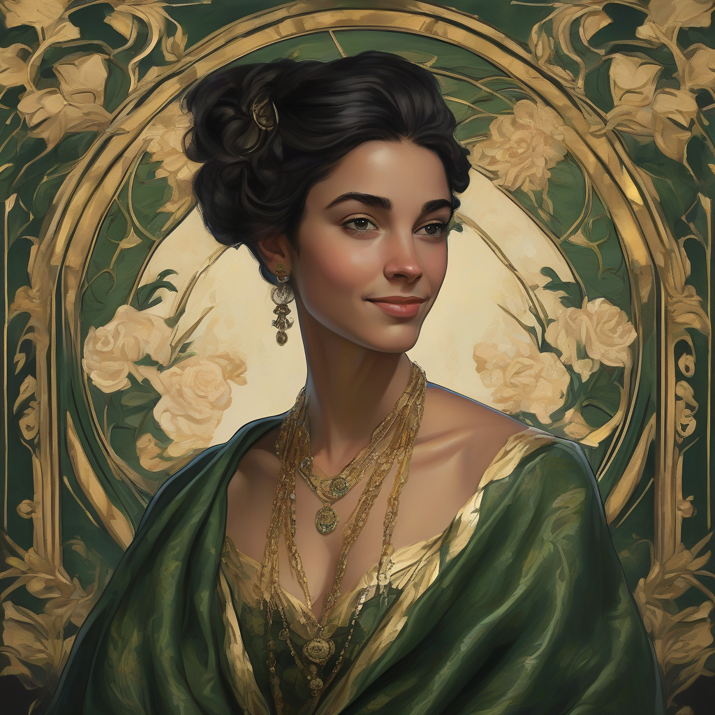 portrait of a 25 year old noble smiling dark haired wise woman with a dark complexion in royal green dress by मुफ्त एआई छवि जनरेटर - बिना लॉगिन के✨ | AIGAZOU