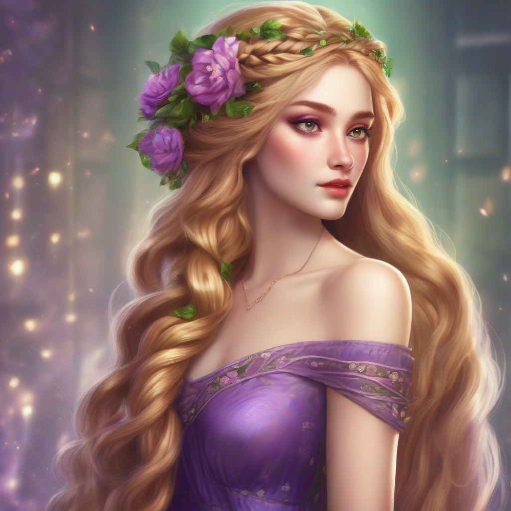 long golden hair braided hairstyle purple dress sparkling green eyes by मुफ्त एआई छवि जनरेटर - बिना लॉगिन के✨ | AIGAZOU