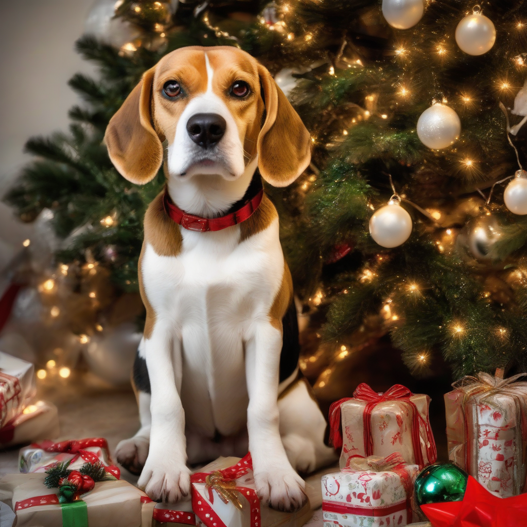 a beautiful beagle under a decorated christmas tree by 免费AI图像生成工具 | AIGAZOU