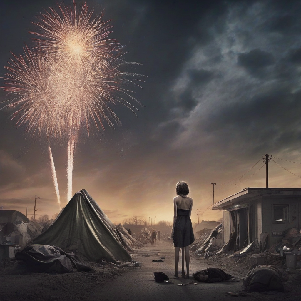 man homeless trench war torn clothing trench girl bikini fireworks sky by Générateur d'images par IA gratuit - Aucune connexion nécessaire✨ | AIGAZOU